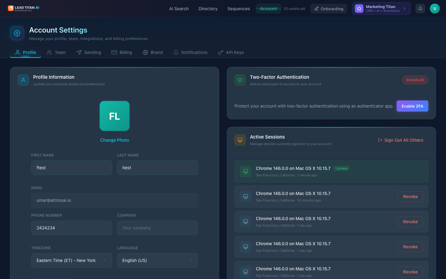 Account Settings page showing the Profile tab with profile information, two-factor authentication, and active sessions
