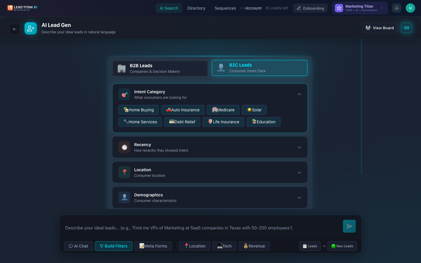 B2C Leads mode showing consumer intent categories including Home Buying, Auto Insurance, Medicare, Solar, and more