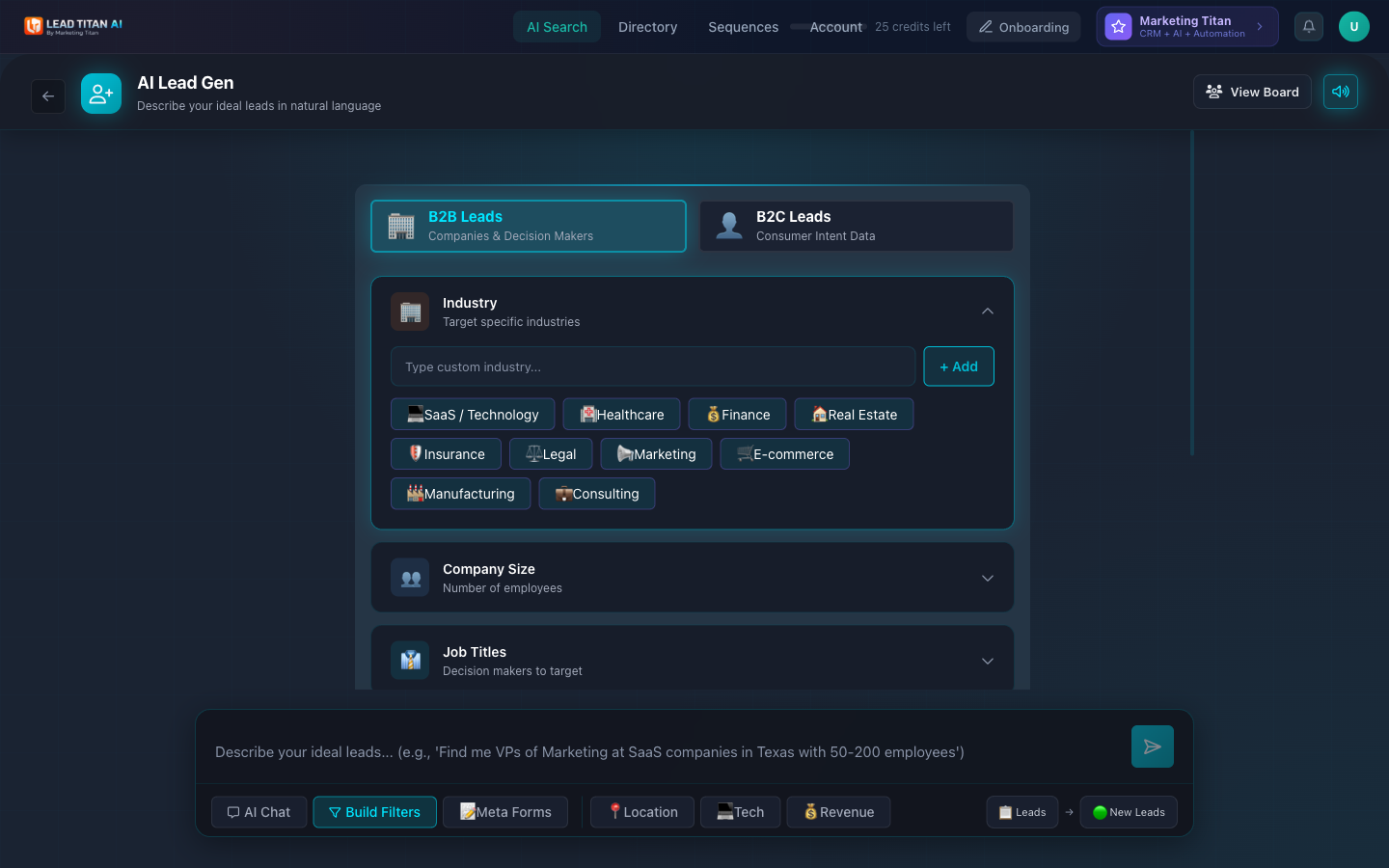 Build Filters mode showing B2B/B2C toggle, industry selection with preset chips, and expandable filter sections