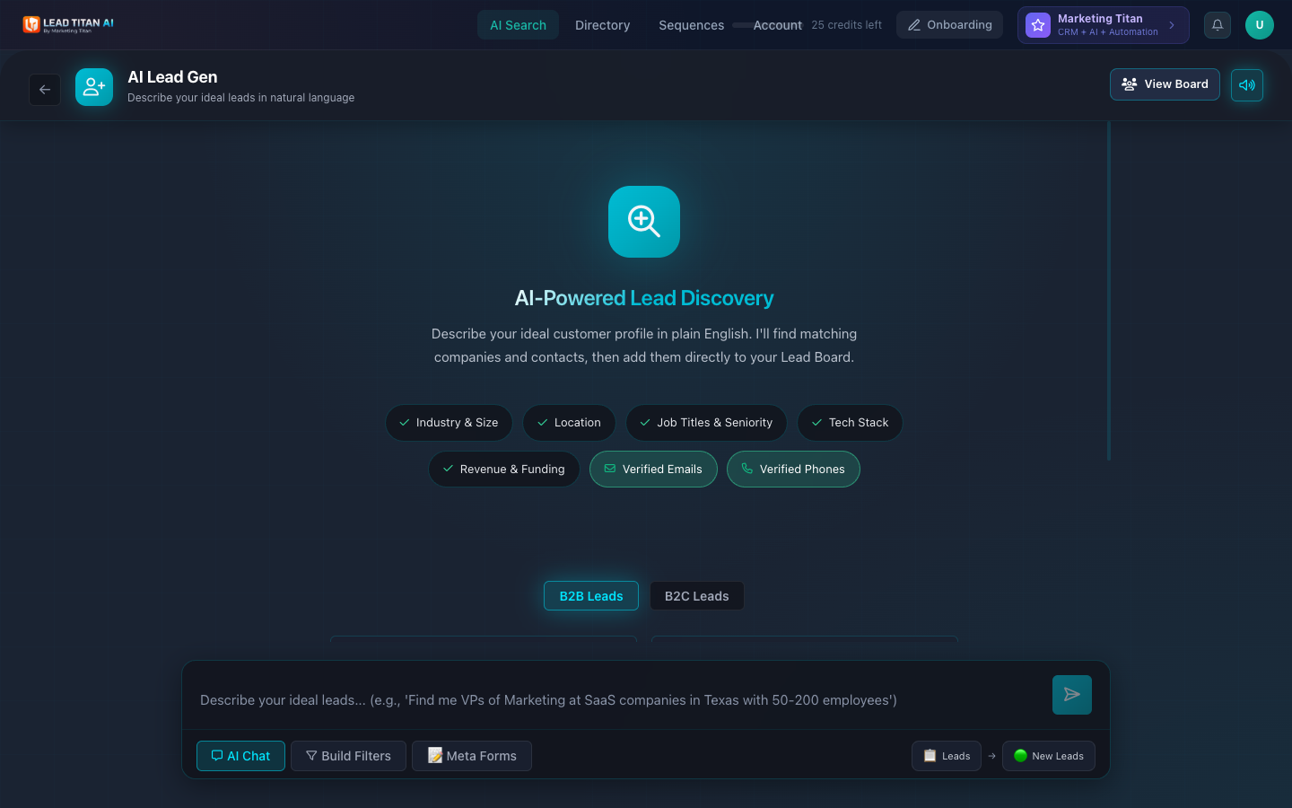 Lead Titan AI Search page showing the main navigation bar with AI Search, Directory, Sequences, and Account tabs