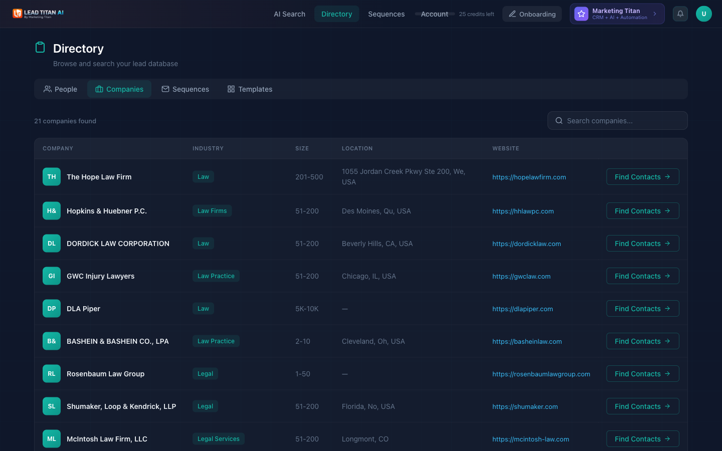 Companies tab showing a table of discovered companies with industry tags, employee count, location, website, and Find Contacts button