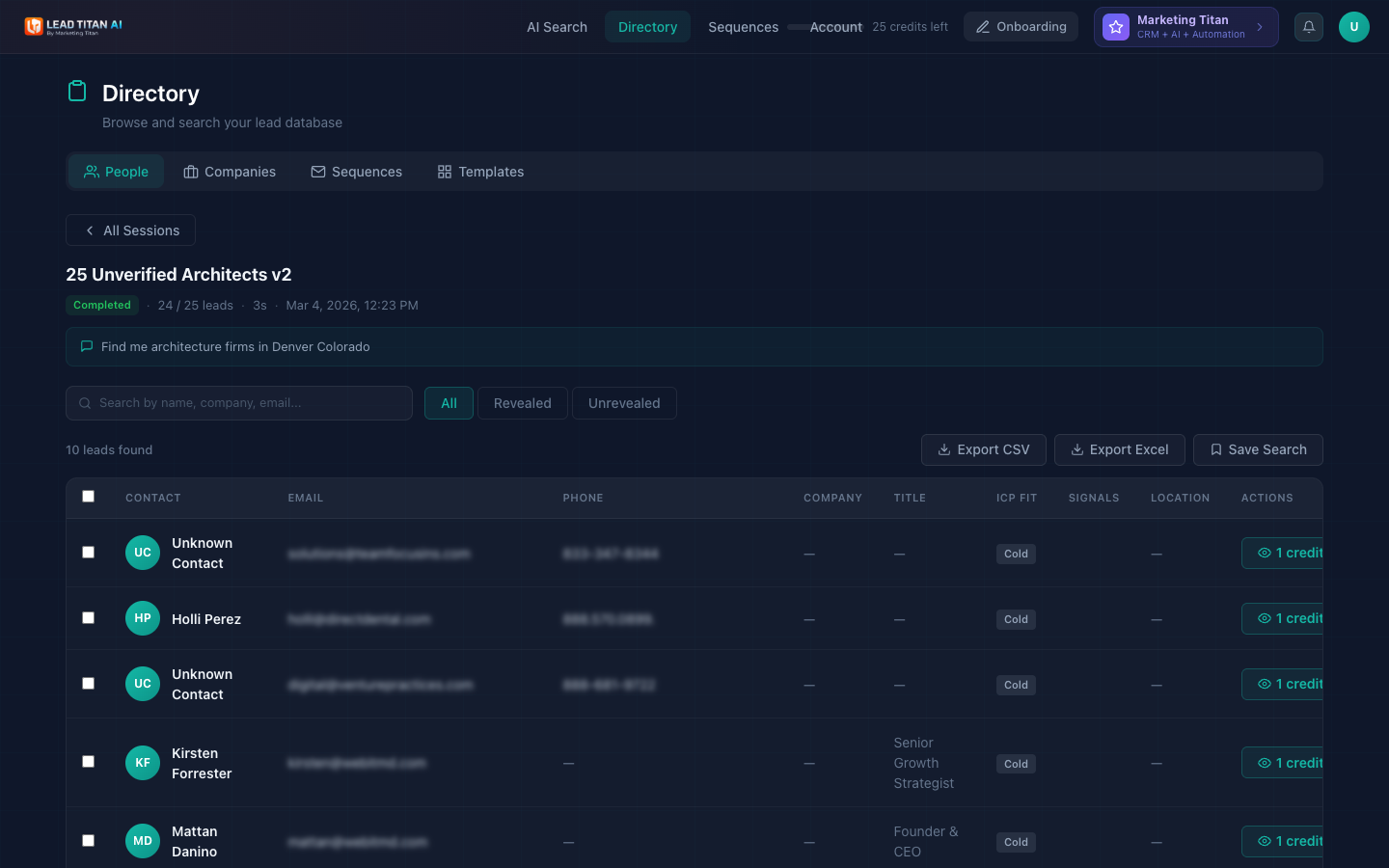 Lead results table showing contacts with columns for email, phone, company, title, ICP fit score, and reveal button