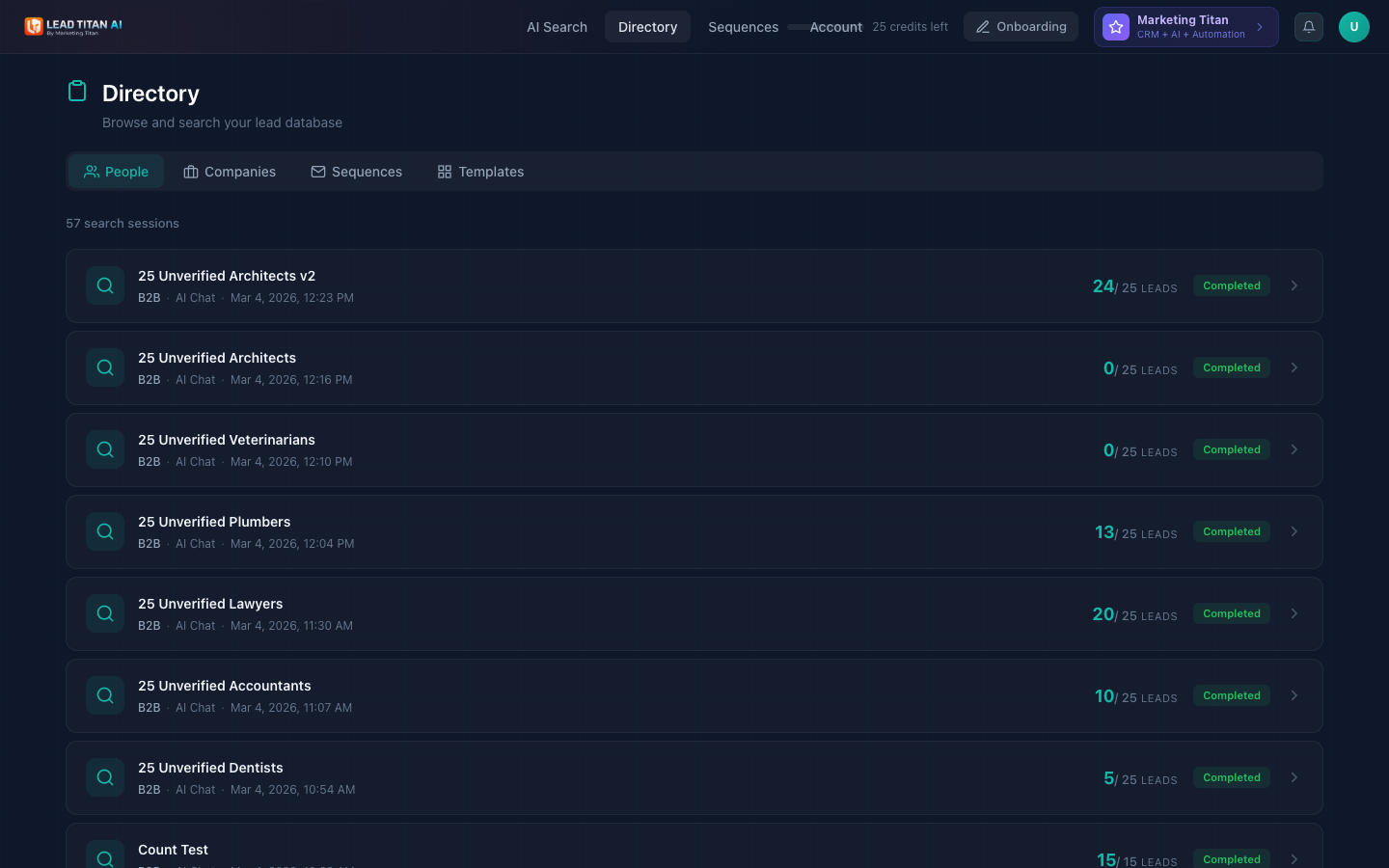 Directory page showing the People tab with search sessions list, each displaying lead count and completion status