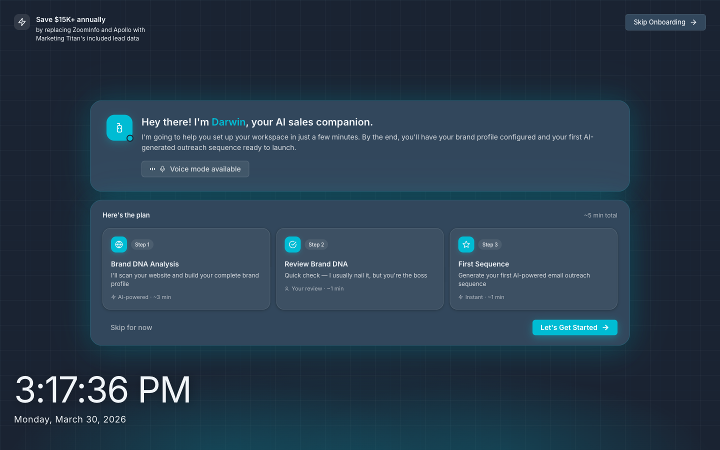 Darwin AI onboarding wizard showing the 3-step setup process: Brand DNA Analysis, Review Brand DNA, and First Sequence