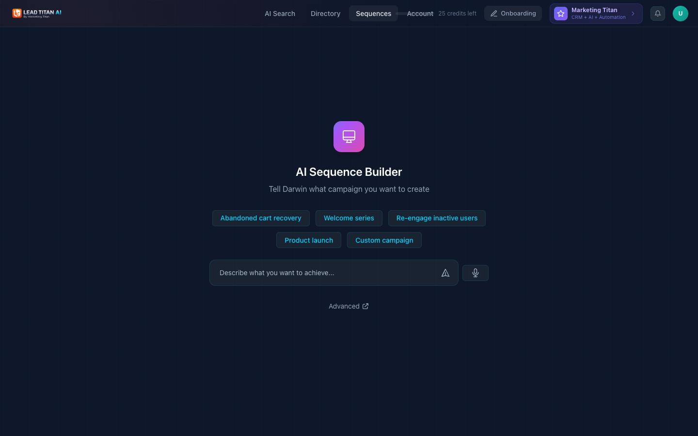 AI Sequence Builder quick mode showing campaign type suggestions and a natural language input field