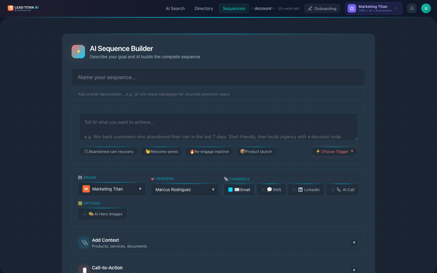 Advanced Sequence Builder showing name, description, AI prompt, brand/persona selectors, channel toggles for Email, SMS, LinkedIn, AI Call, and AI Hero Images option